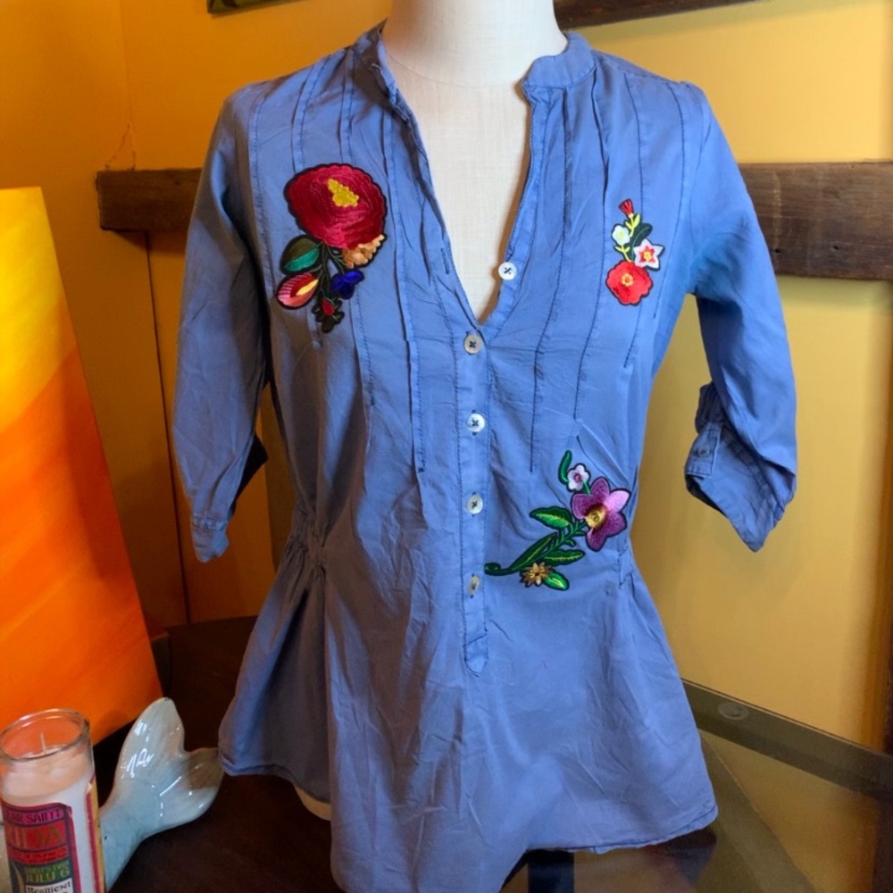 Blue boho peasant blouse handmade